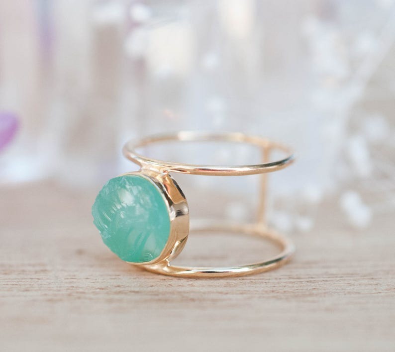 Helen Ring Rough Aqua Chalcedony Gold
