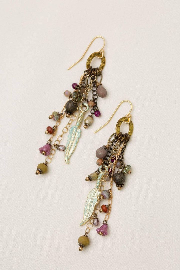 Wildflower Czech Glass + Patina Feather Earrings