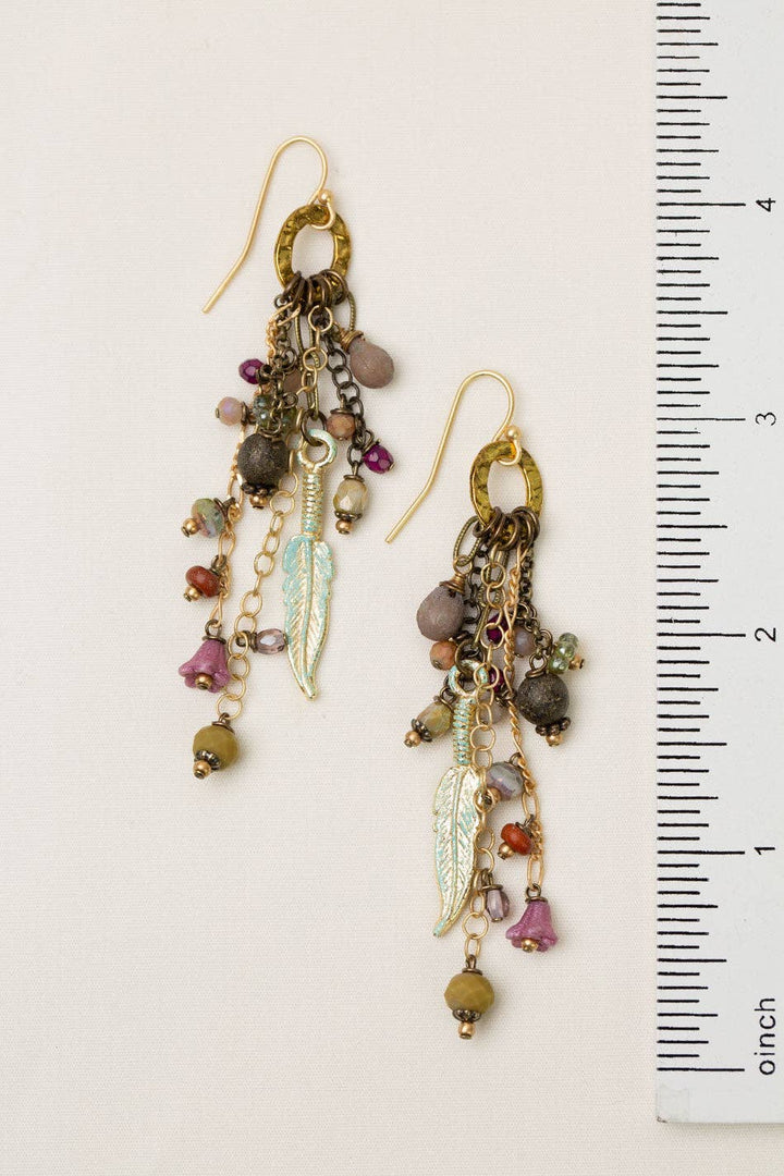 Wildflower Czech Glass + Patina Feather Earrings