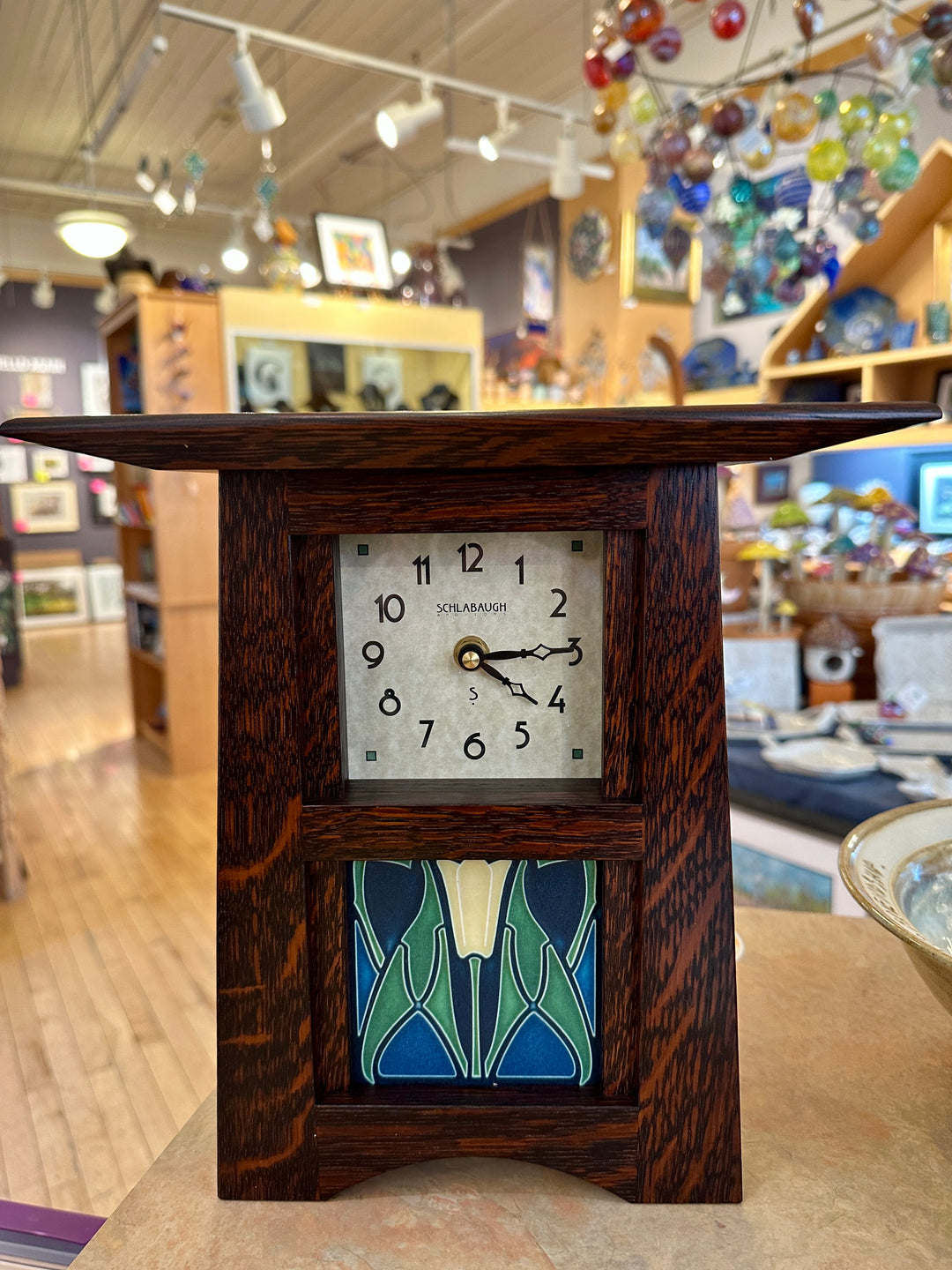 Craftsman Clock Oak Lizzie Blue Tile