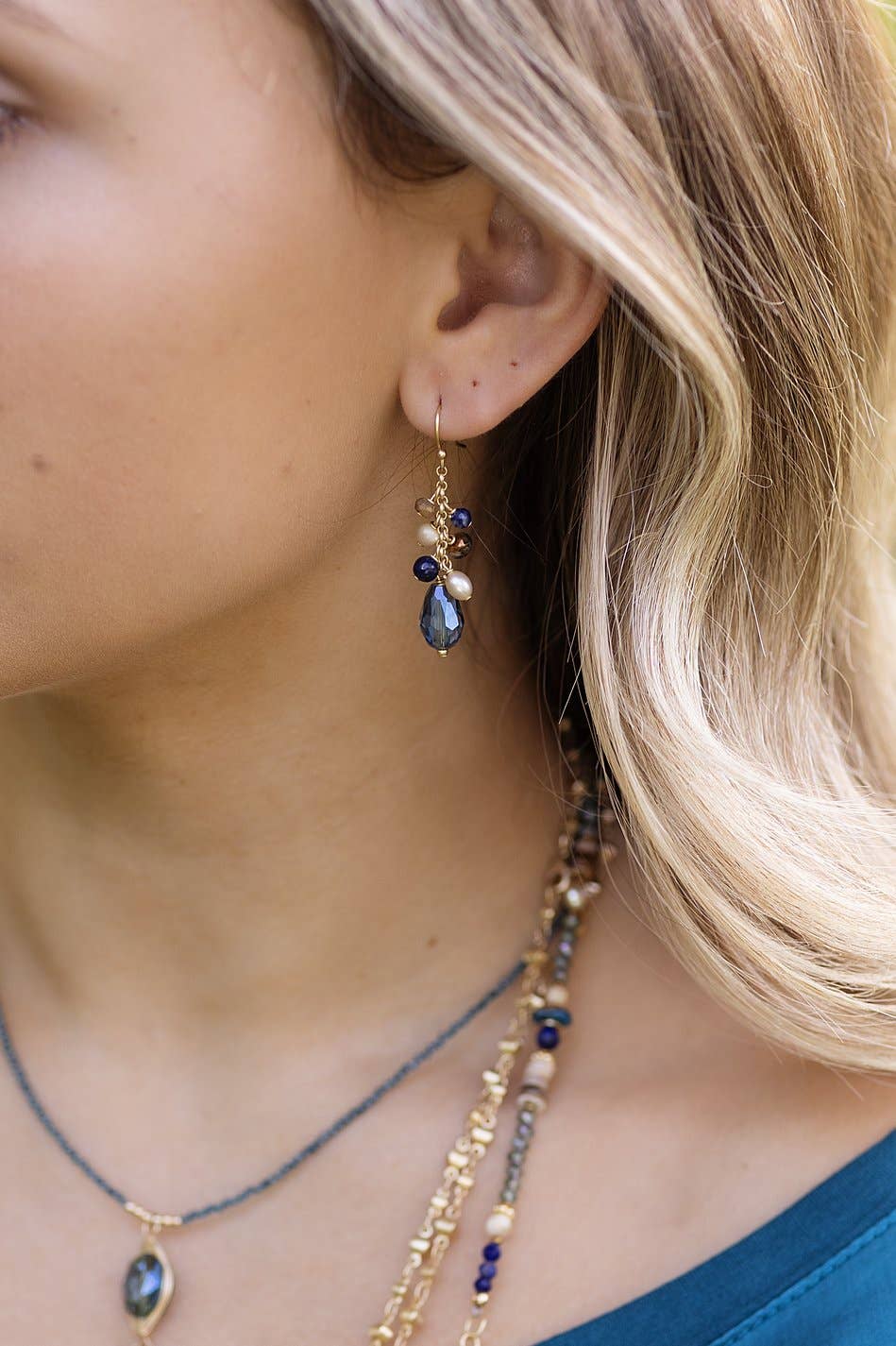 Starry Night Mother Of Pearl, Blue Crystal + Lapis Earrings