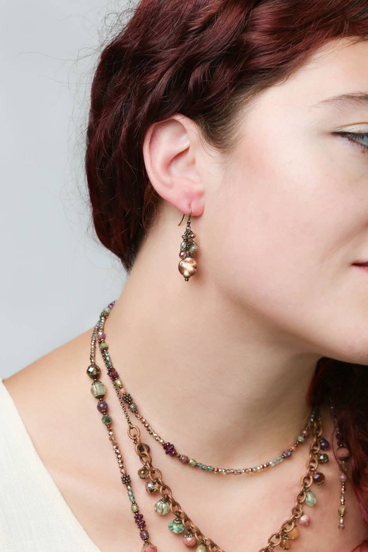 Mauve Czech Glass, Strawberry Quartz + Hammered Copper Coin Earrings