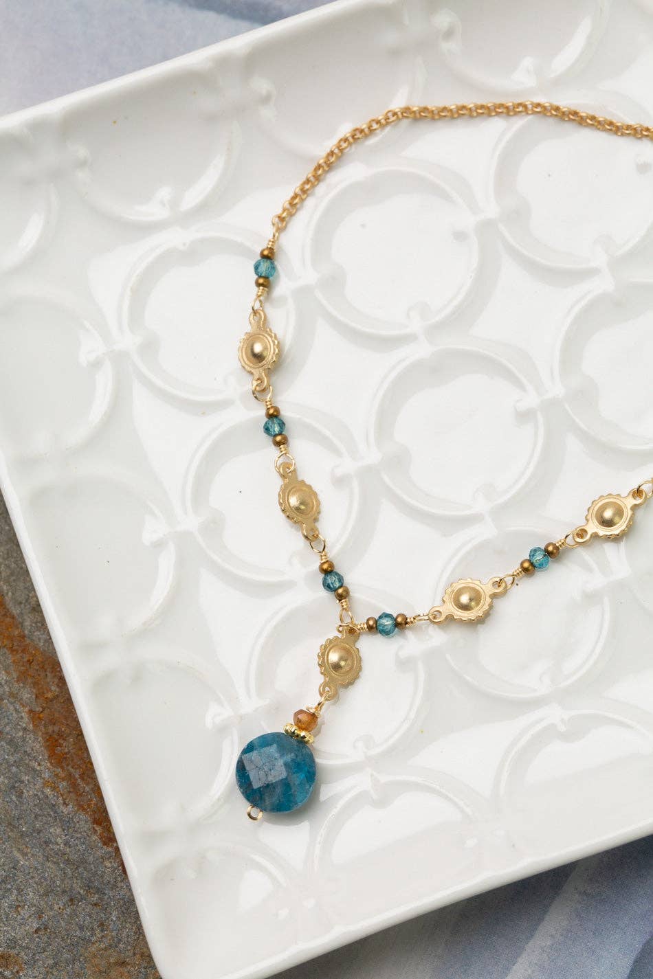 Starry Night Faceted Blue Apatite + Detailed Sun Medallion Necklace
