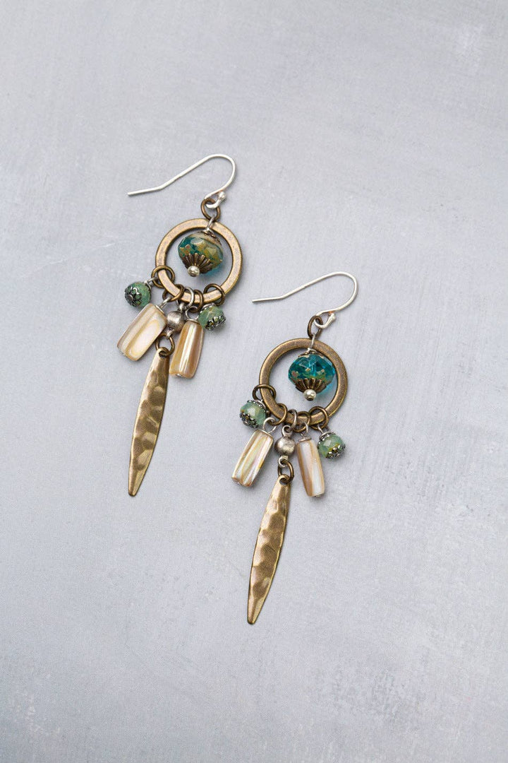Venetian Dreams Antique Brass Hoop, Hammered Brass Long Spike Abalone Shell + Czech Glass Earrings