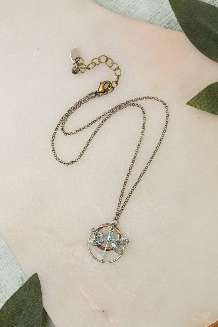 Wisdom Within Small Patina Dragonfly + Hoops Necklace