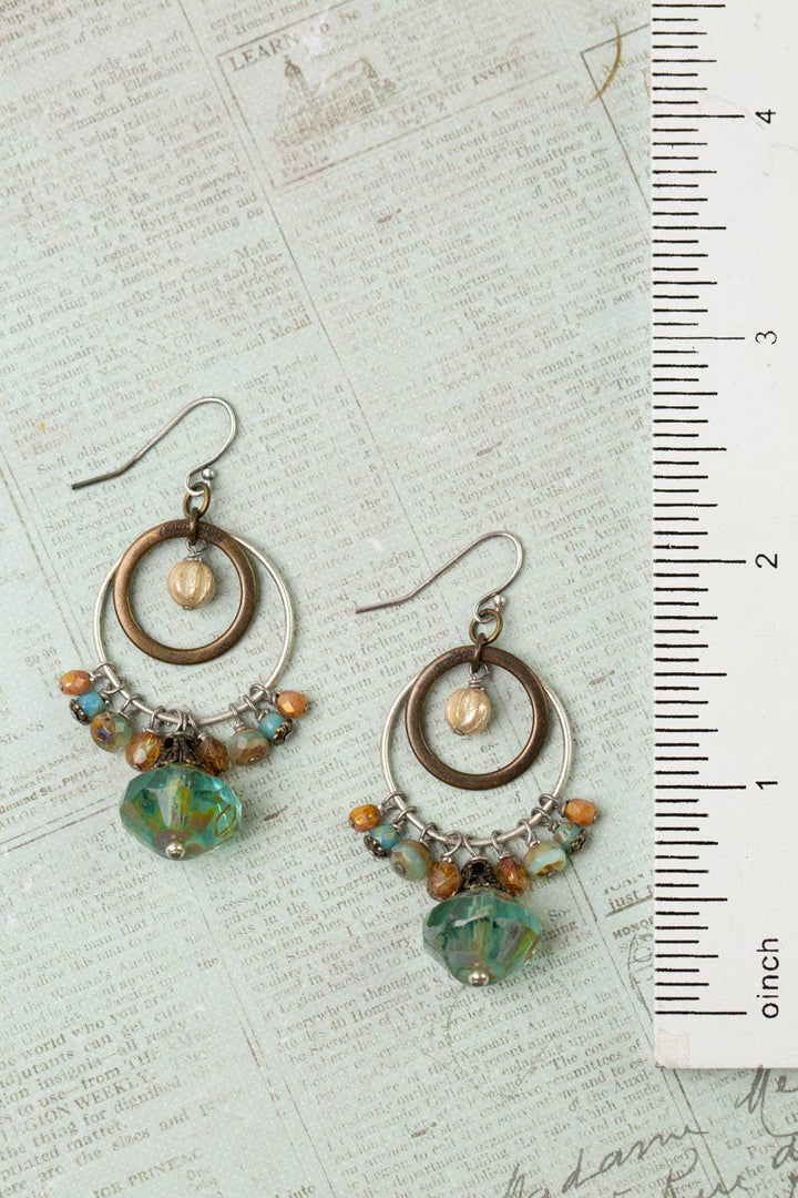 Wisdom Within Turquoise Blue Czech Glass Flower + Antique Gold Etching Earrings