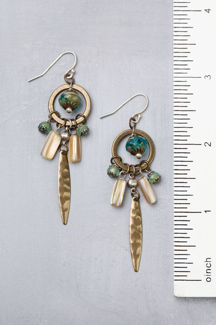 Venetian Dreams Antique Brass Hoop, Hammered Brass Long Spike Abalone Shell + Czech Glass Earrings