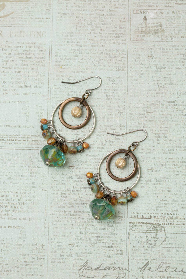 Wisdom Within Turquoise Blue Czech Glass Flower + Antique Gold Etching Earrings