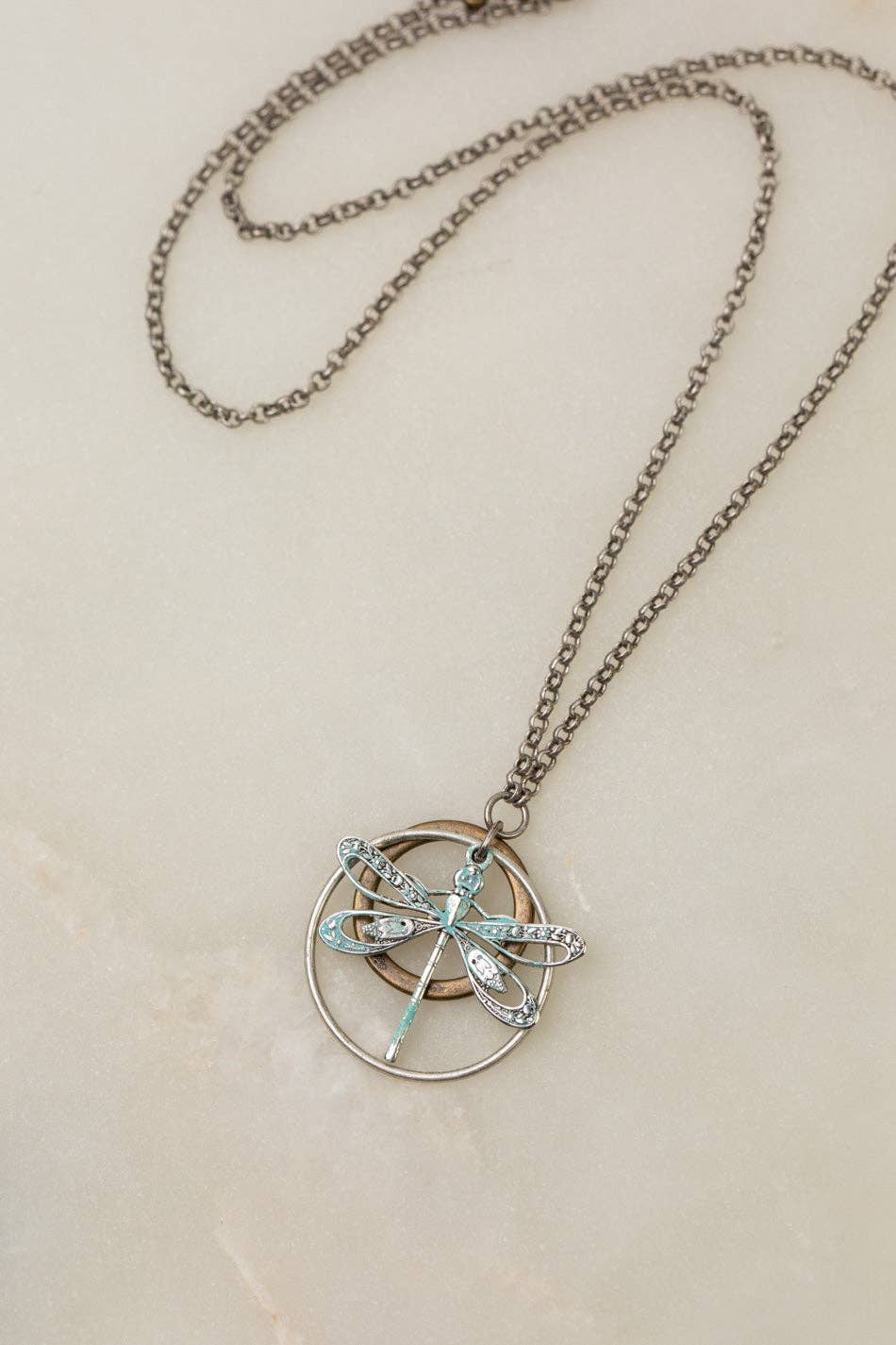 Wisdom Within Small Patina Dragonfly + Hoops Necklace