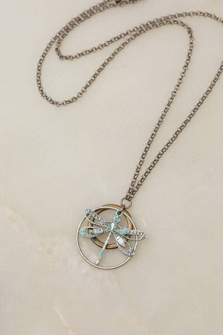 Wisdom Within Small Patina Dragonfly + Hoops Necklace
