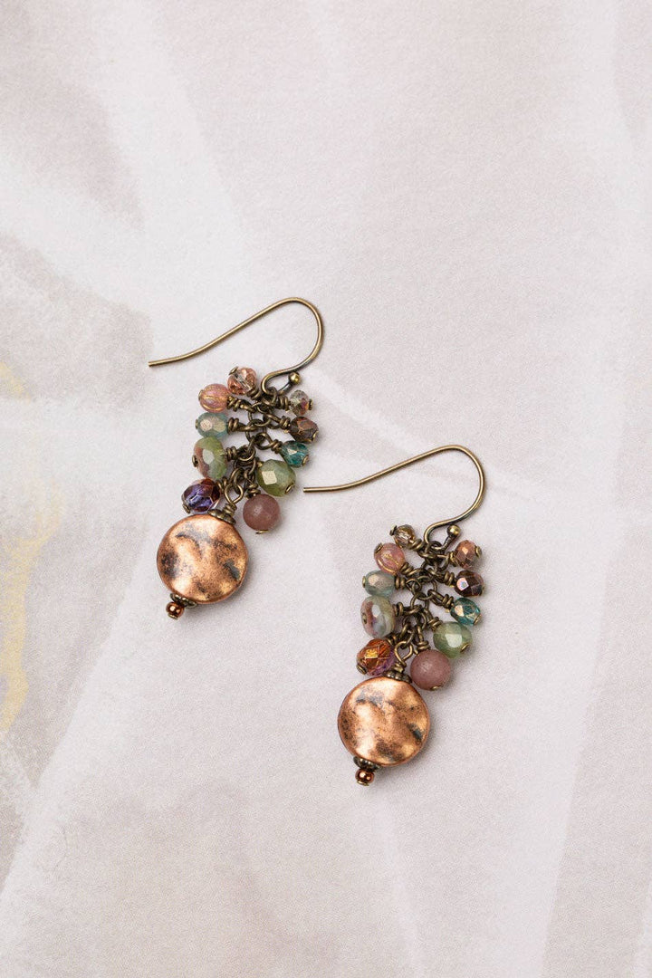 Mauve Czech Glass, Strawberry Quartz + Hammered Copper Coin Earrings