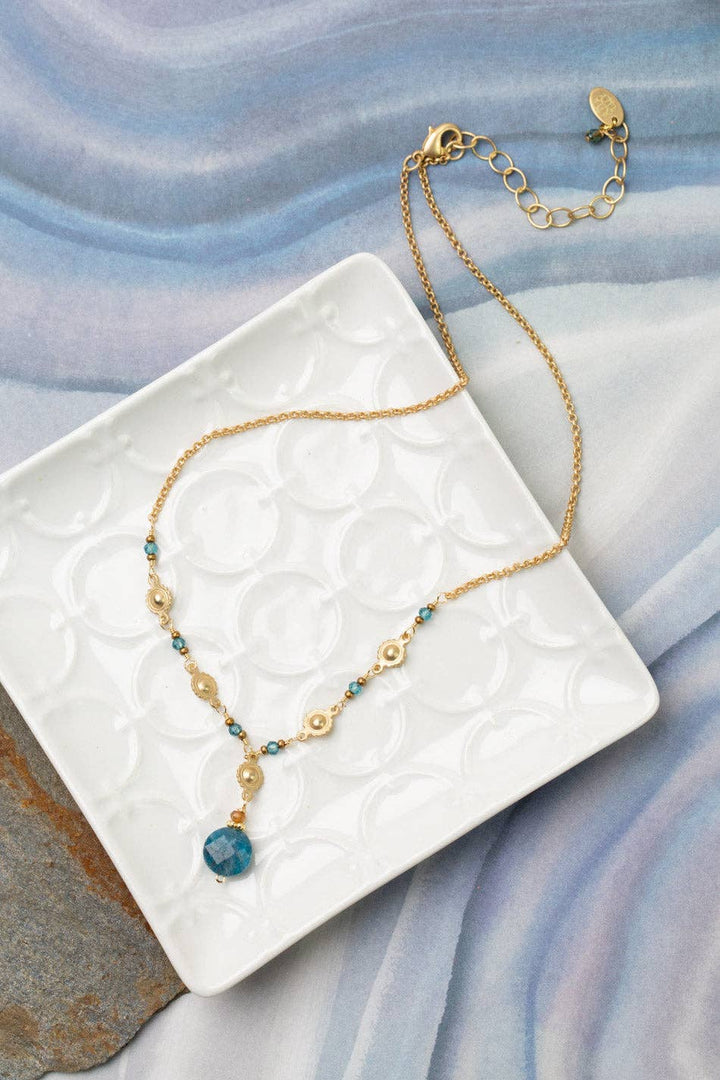 Starry Night Faceted Blue Apatite + Detailed Sun Medallion Necklace