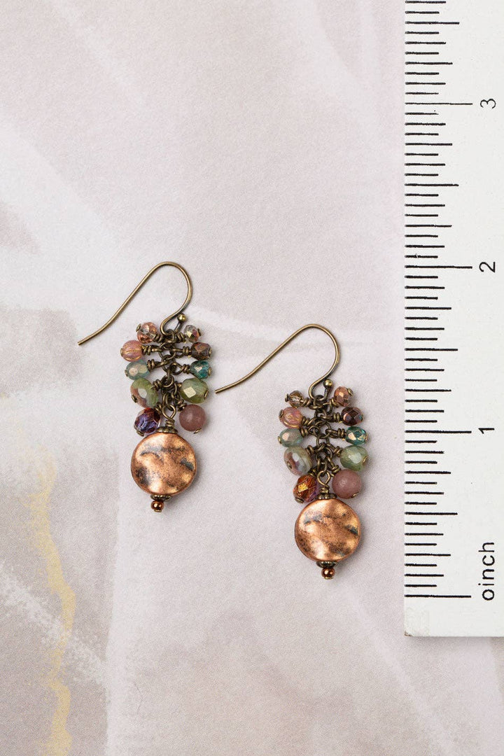 Mauve Czech Glass, Strawberry Quartz + Hammered Copper Coin Earrings