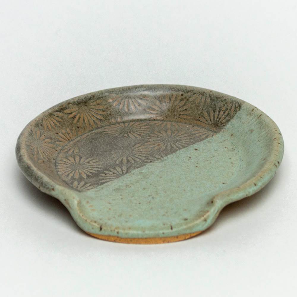 Ceramic Spoon Rest Gray + Blue Sunburst